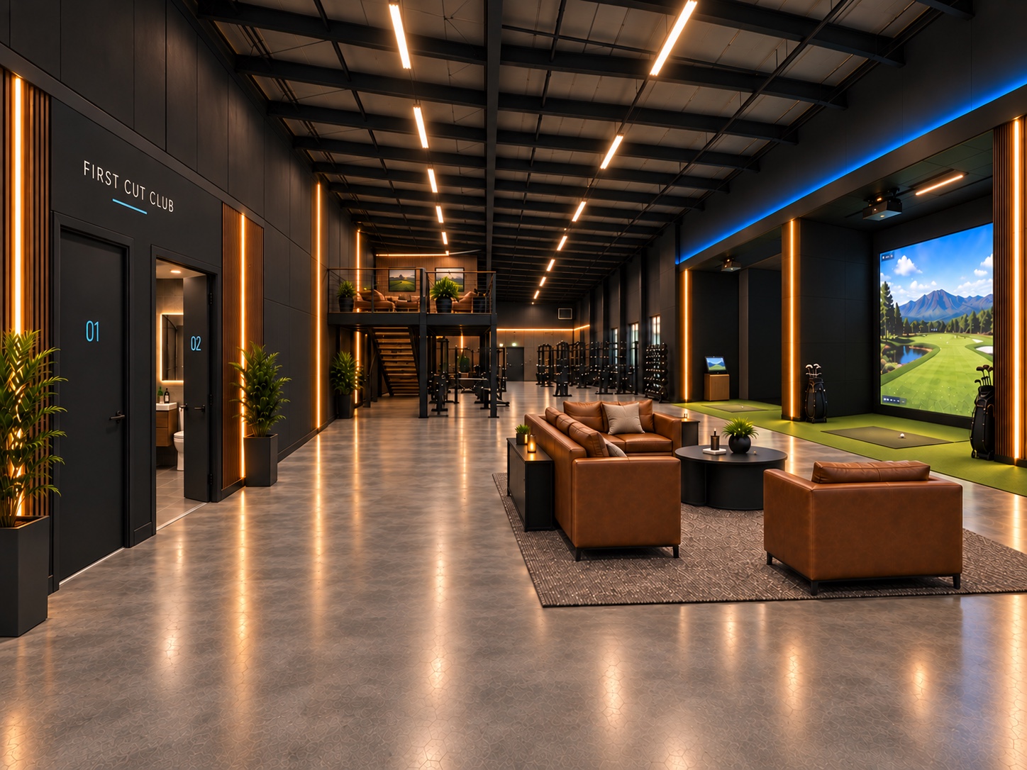 Architectural rendering of the First Cut Club lounge and simulator area