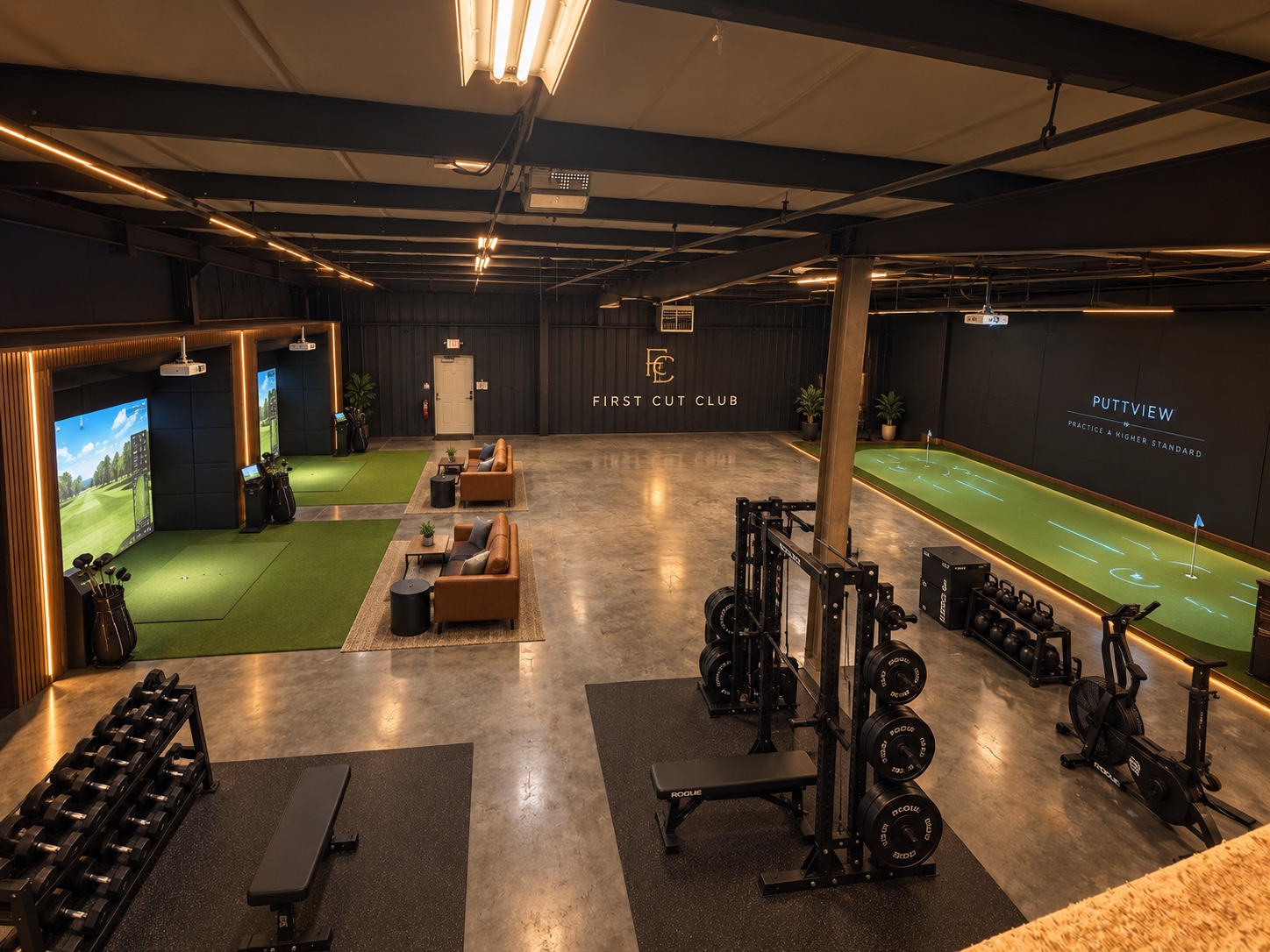Architectural rendering of indoor golf simulators and putting area